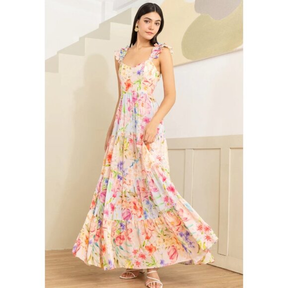 YUMI Kim Harriet Dress Womens Medium Multicolor Floral Maxi Ruffle Strap Boho Fl - Picture 1 of 4